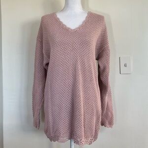 Reed Hunter Pink Pointelle Scalloped V Neck Cottagecore Knit Sweater Large